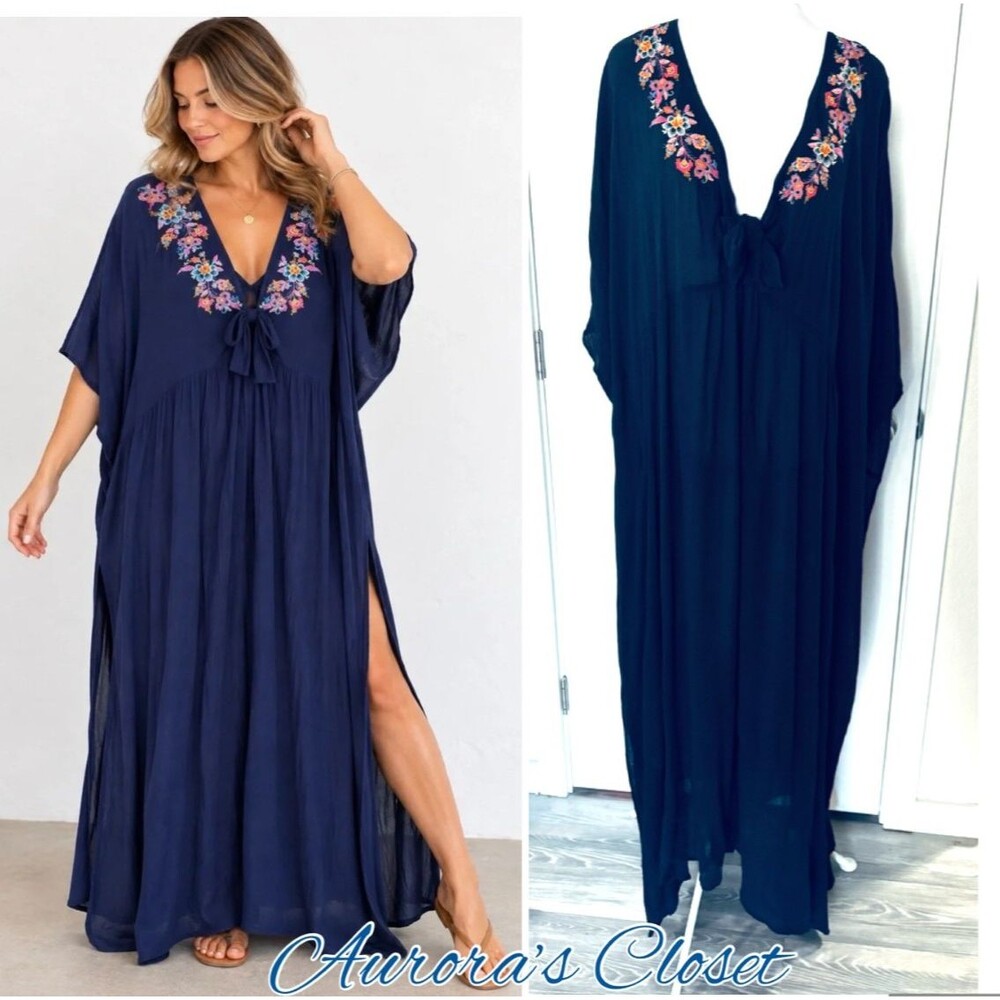 Johnny Was 1X Blye Kaftan Dress Floral Embroidered V Neck Batwing $275